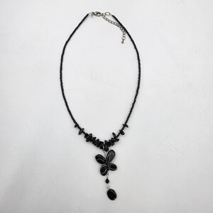 Butterfly Black Stone Chip And Glass Beaded Artisan Necklace